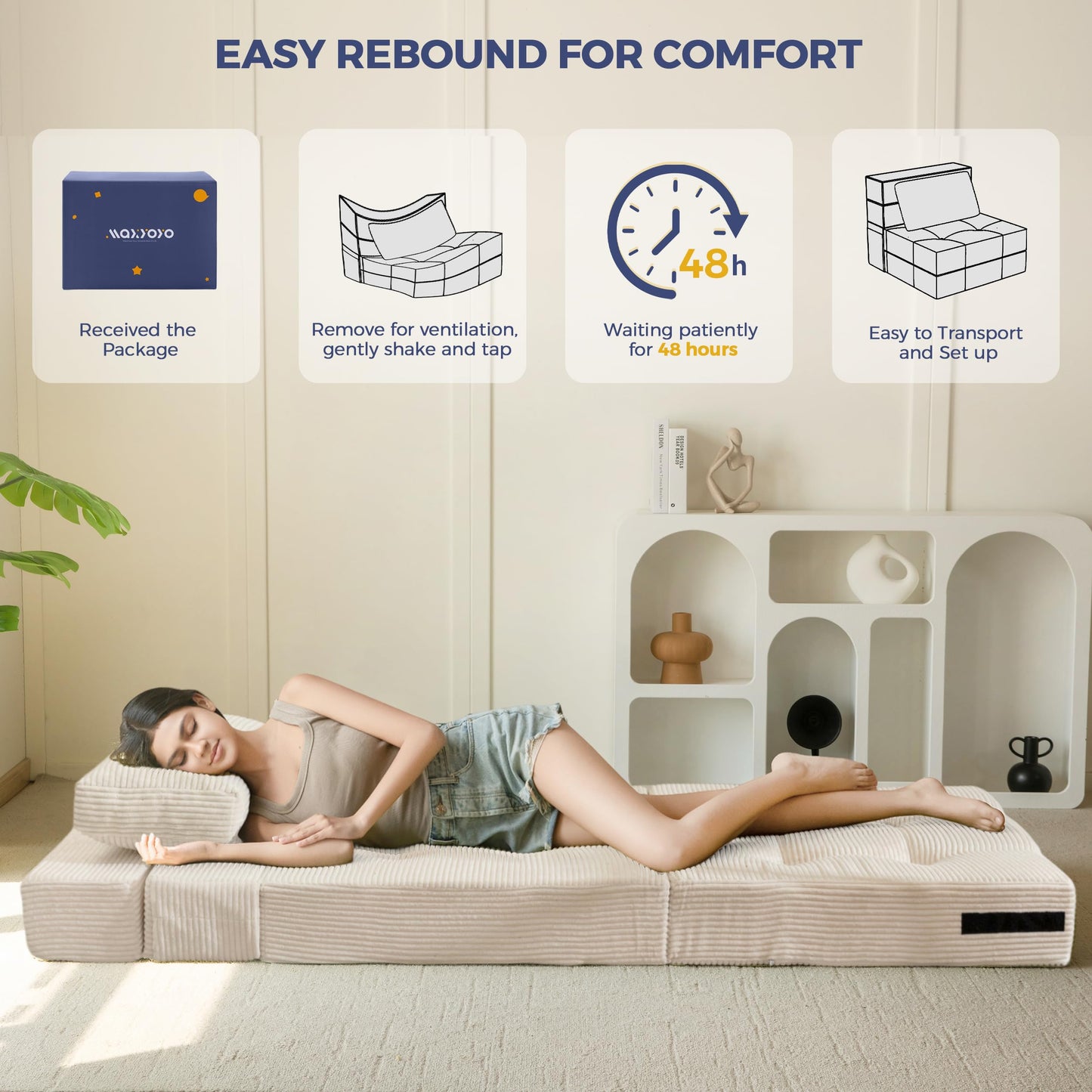 MAXYOYO Folding Foam Sofa Bed, Tri-Fold Mattress with 1 Pillow, Convertible Sofa Chair Futon Z Bed with 15cm Thincken Foam