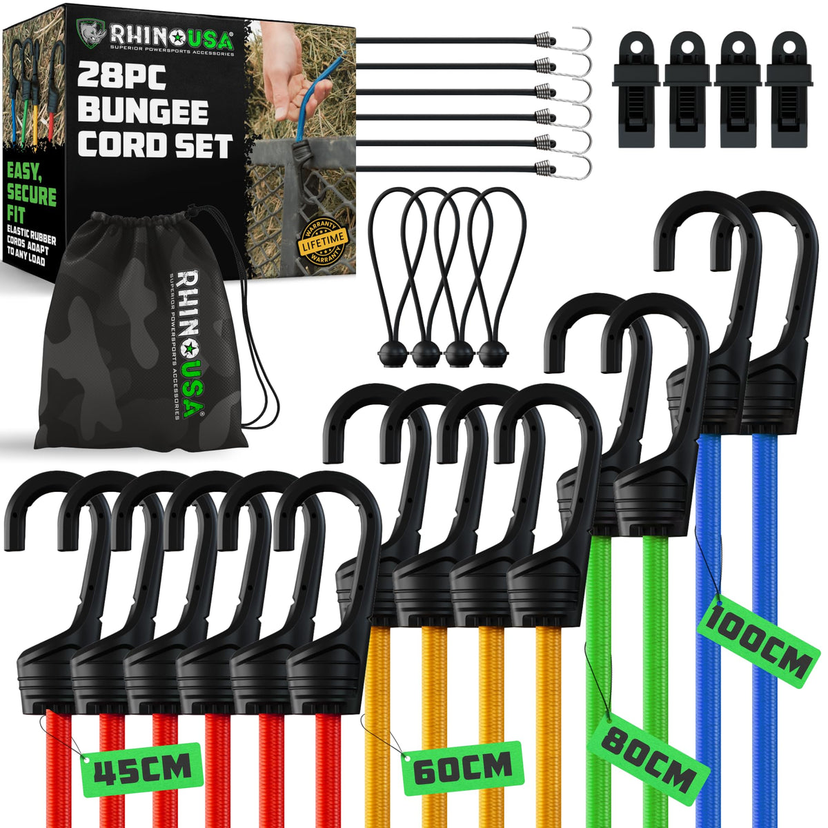 Rhino USA Bungee Cords with Hooks (28-Piece) Heavy Duty Outdoor Bungee Straps, Short, Medium & Long Sizes ? 4 Free Tarp Clips, Drawstring Storage Bag,