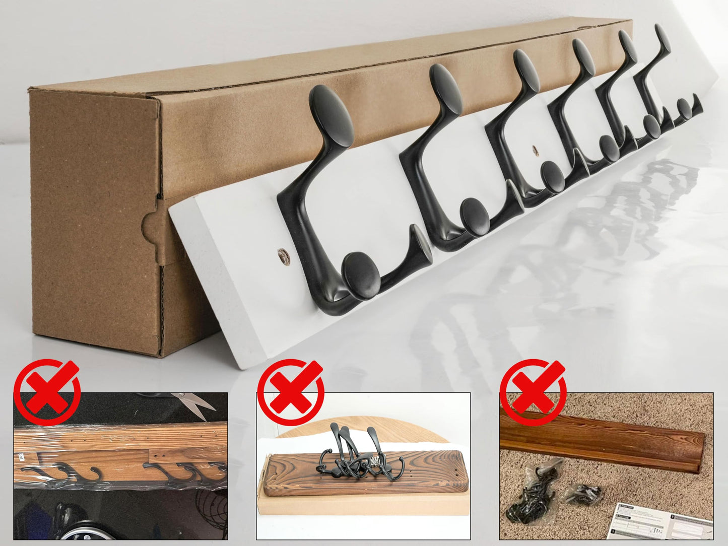 HONSKY Wall Mounted Coat Rack, 91cm White Pine Wood Base, 6 Black Sturdy Aluminium Alloy Triple Hooks(18 Hanging Points)