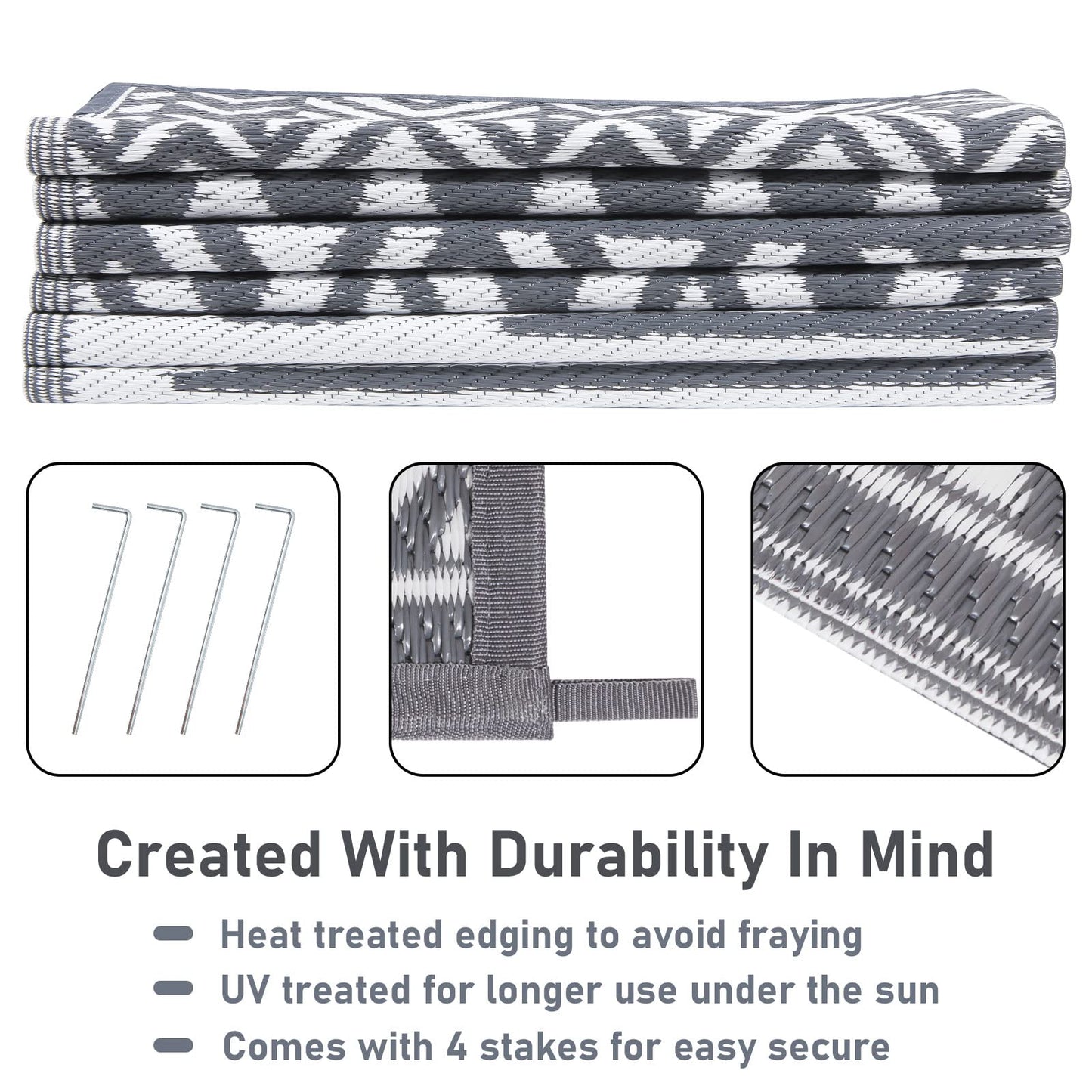 Enyhom Large Grey Outdoor Rug Carpets 180 x 270 cm, Waterproof Picnic Blanket, Plastic Straw Rug Durable Outdoor Patio Carpets for Lawn Pergola