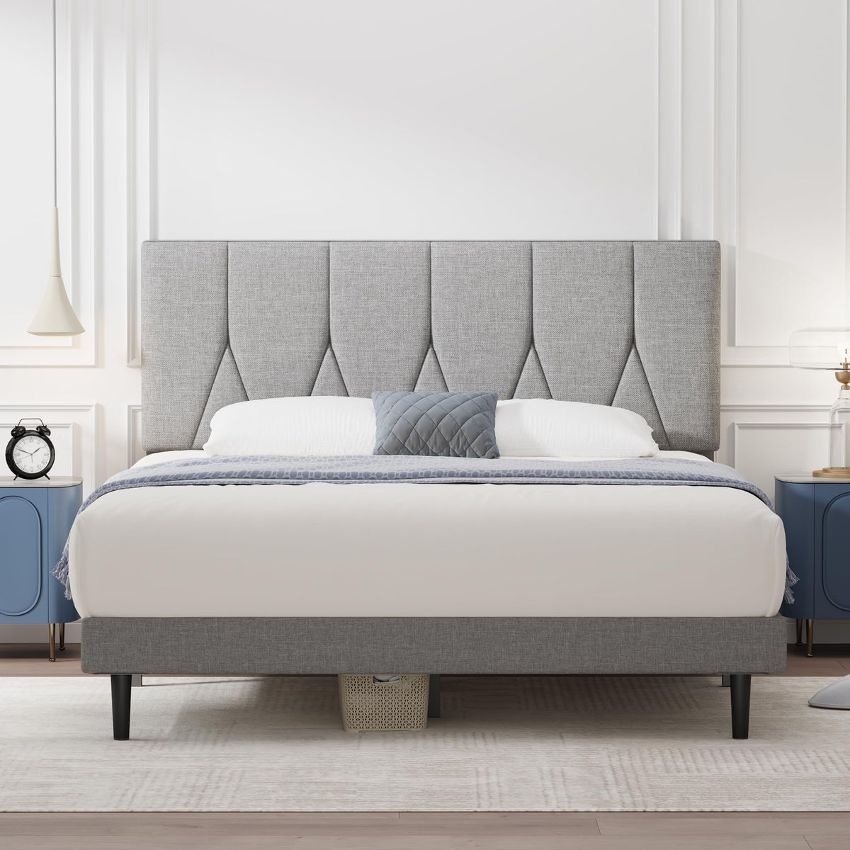 Yocreat King Bed Frame, Light Grey, Upholstered Wooden Slat Bed Frame with Headboard, Easy Assembly, Underbed Storage, No Box Spring Needed 150?200