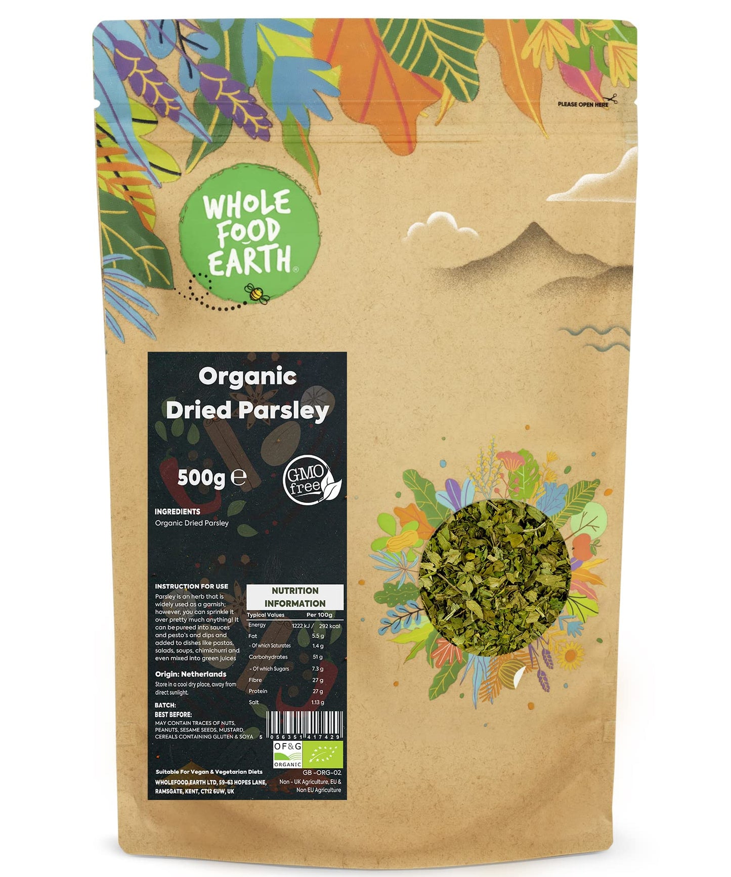 Wholefood Earth Organic Dried Parsley 500 g | GMO Free | Certified Organic