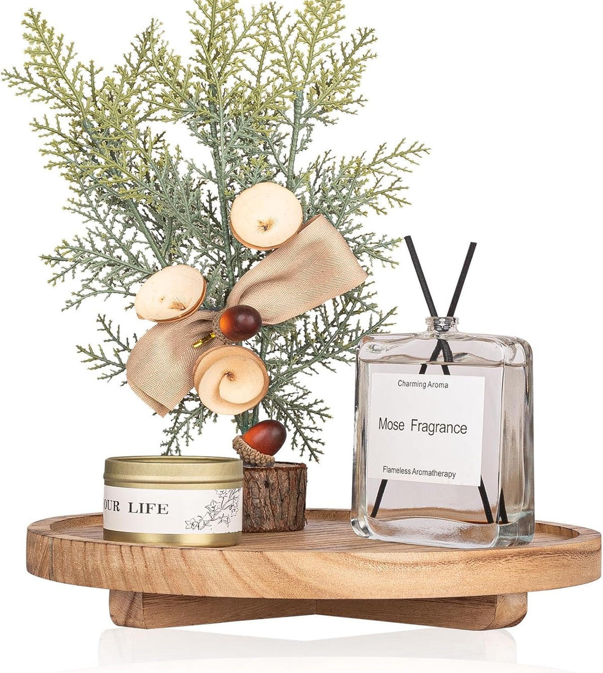 Round Decorative Tray Wood Bathroom Counter Organizer Farmhouse Kitchen Decor Wooden Riser for Soap Dish, Perfume, Candle, Sponge, 10" - Brown (Wood,