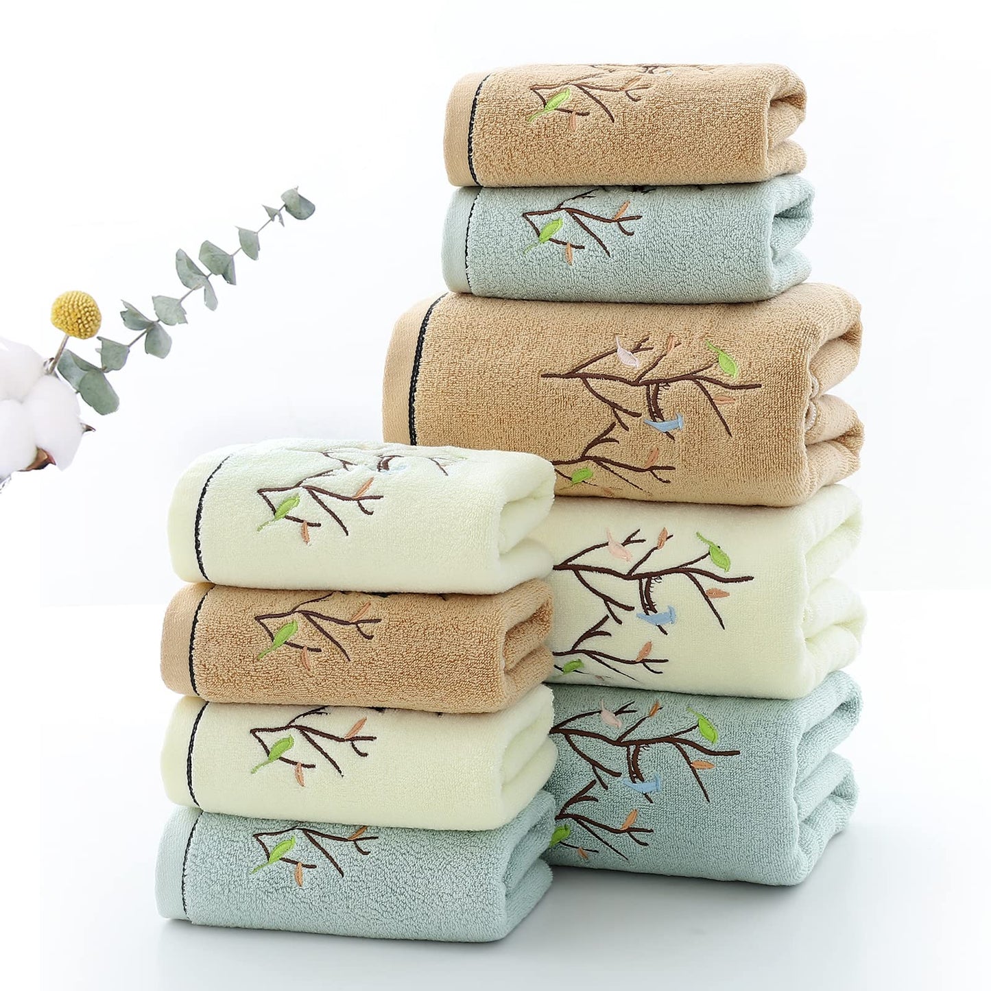 Pidada Hand Towels Set of 2 Embroidered Bird Tree Pattern 100% Cotton Absorbent Soft Decorative Towel for Bathroom 35 x 75 cm (Brown)