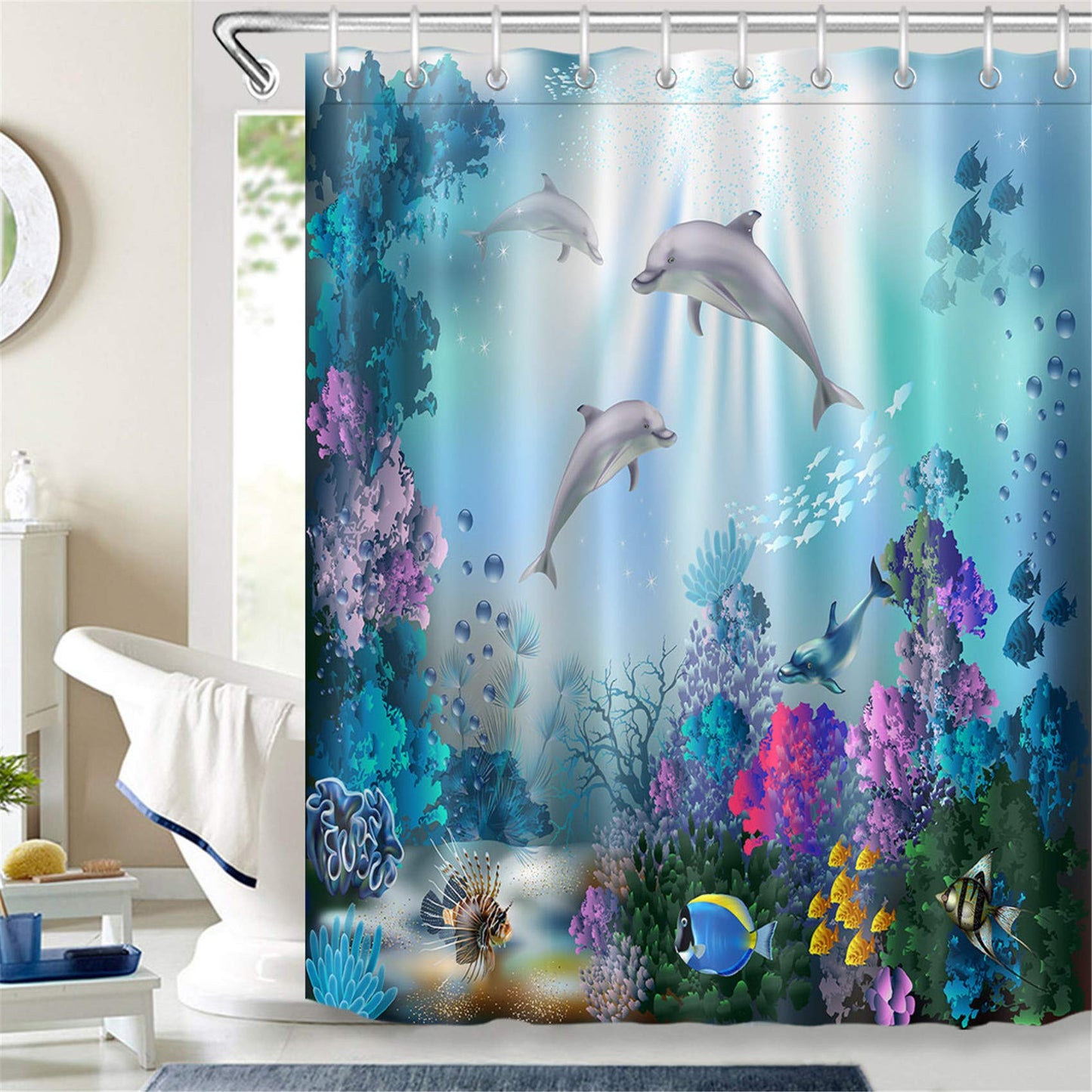 LB Blue Shower Curtain- Mould proof Resistant Waterproof Shower Curtains for Bathroom- 59x71 inches Short Bath Curtain with Hooks for Wet Room Decor,