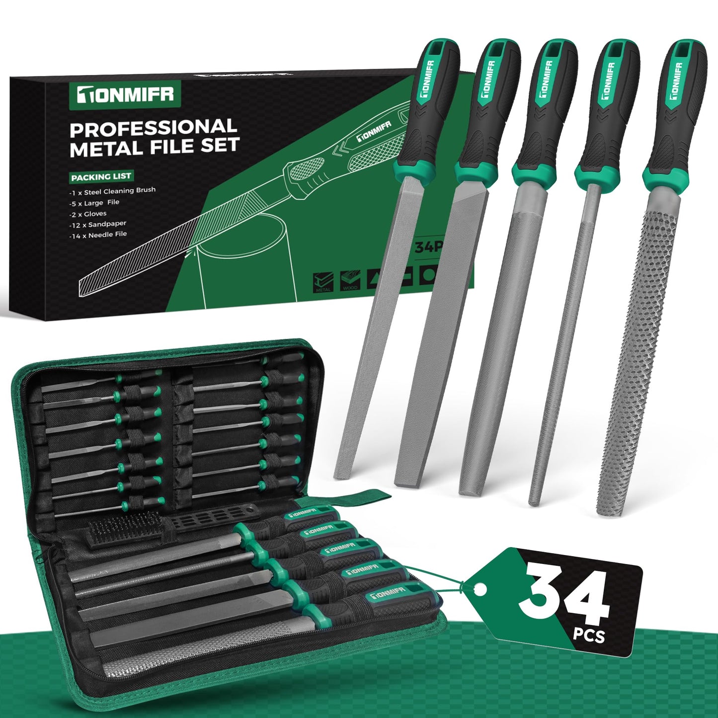 Tonmifr Professional Metal File Set 34Pcs Industrial Grade High Carbon Steel,5 Shapes (Flat/Half Round/Round/Triangle/Square) for Hardened Steel,