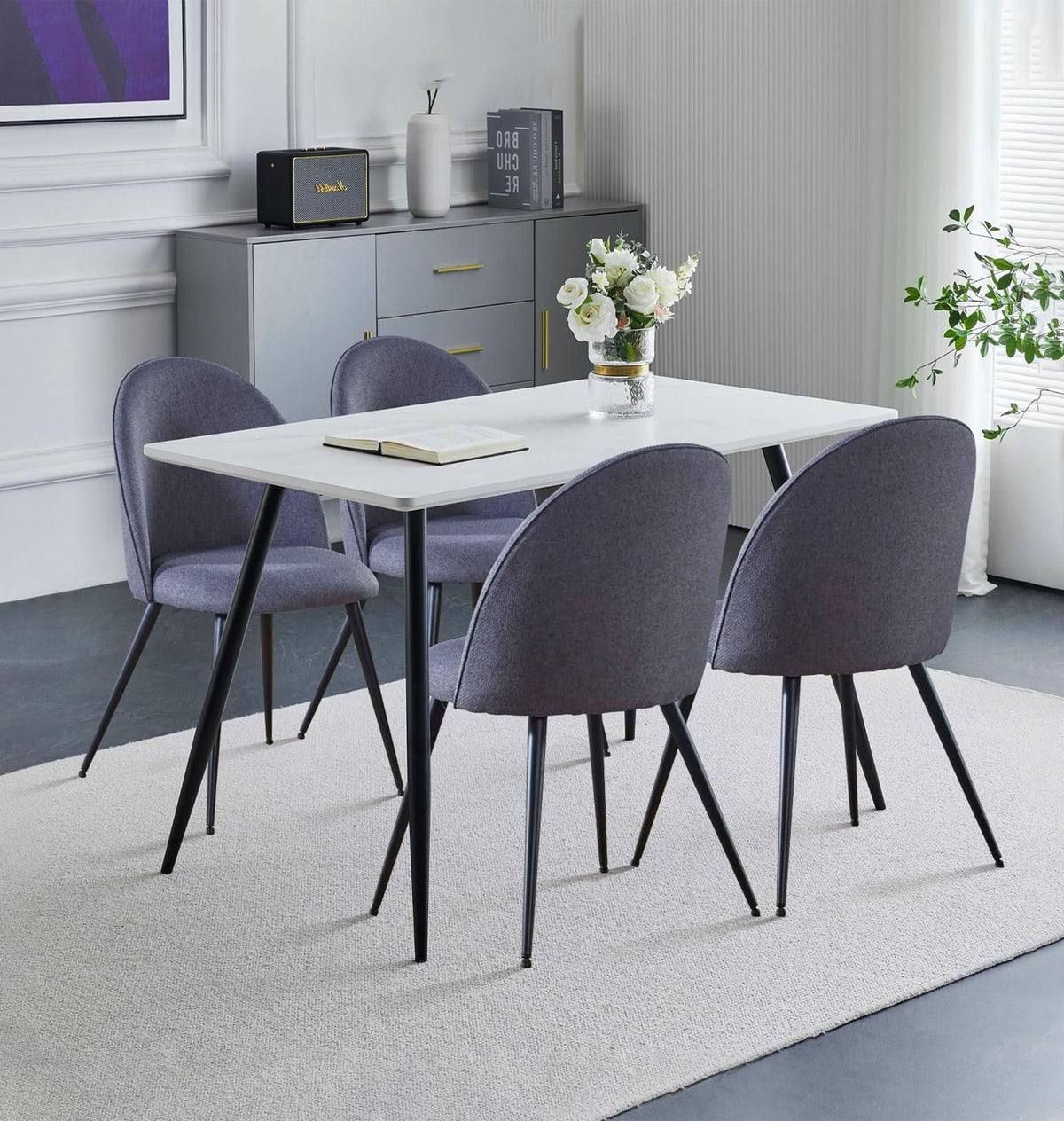 Hallowood Furniture Cullompton Small Dining Table and Chairs Set 4, White Marble Effect Rectangular Kitchen Table and Chairs in Curved-Back, Grey