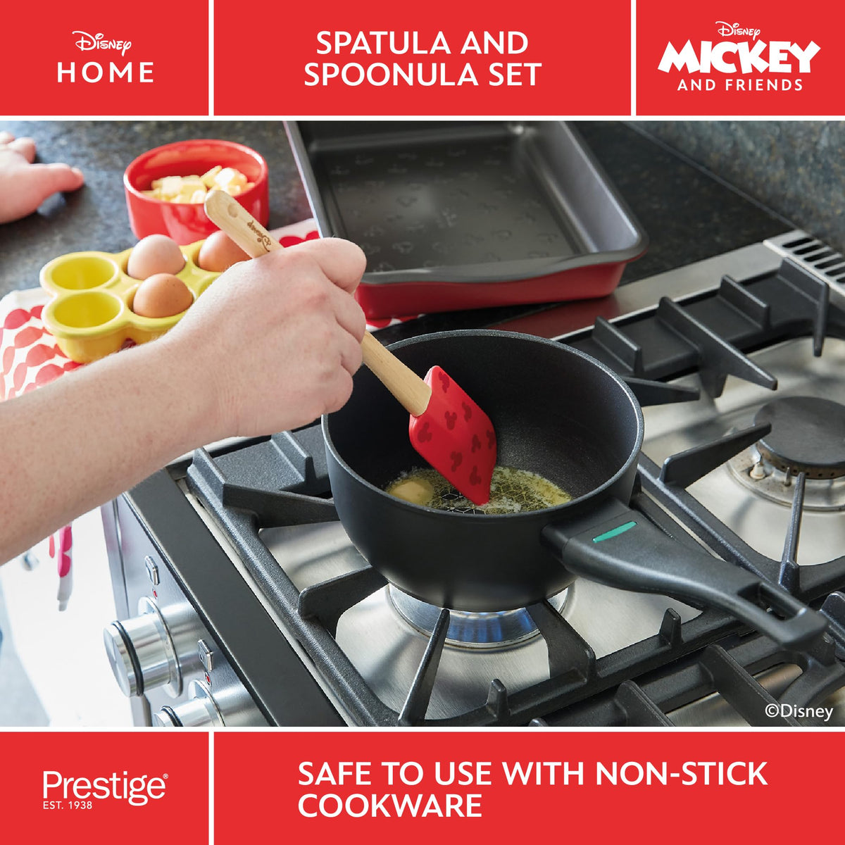 Prestige New Disney Bake with Mickey Mouse Bakeware Set with 3 Piece Mickey Head Cake Tin and Silicone Spatula Set of 2