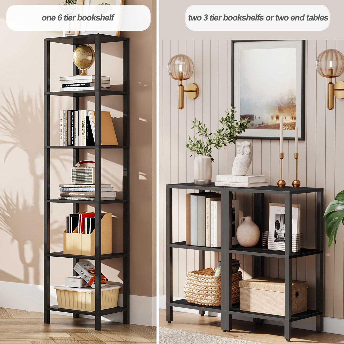 TUTOTAK Bookshelf, 6-Tier Tall Book Shelf, Narrow Bookcase for Small Space, DIY Stackable Bookshelf, for Living Room, Office, Study, Entryway