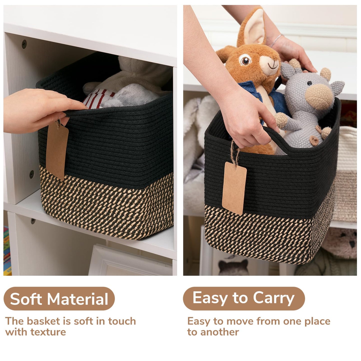 TIMEYARD Cotton Rope Storage Basket Square Shelf Basket Black Jute