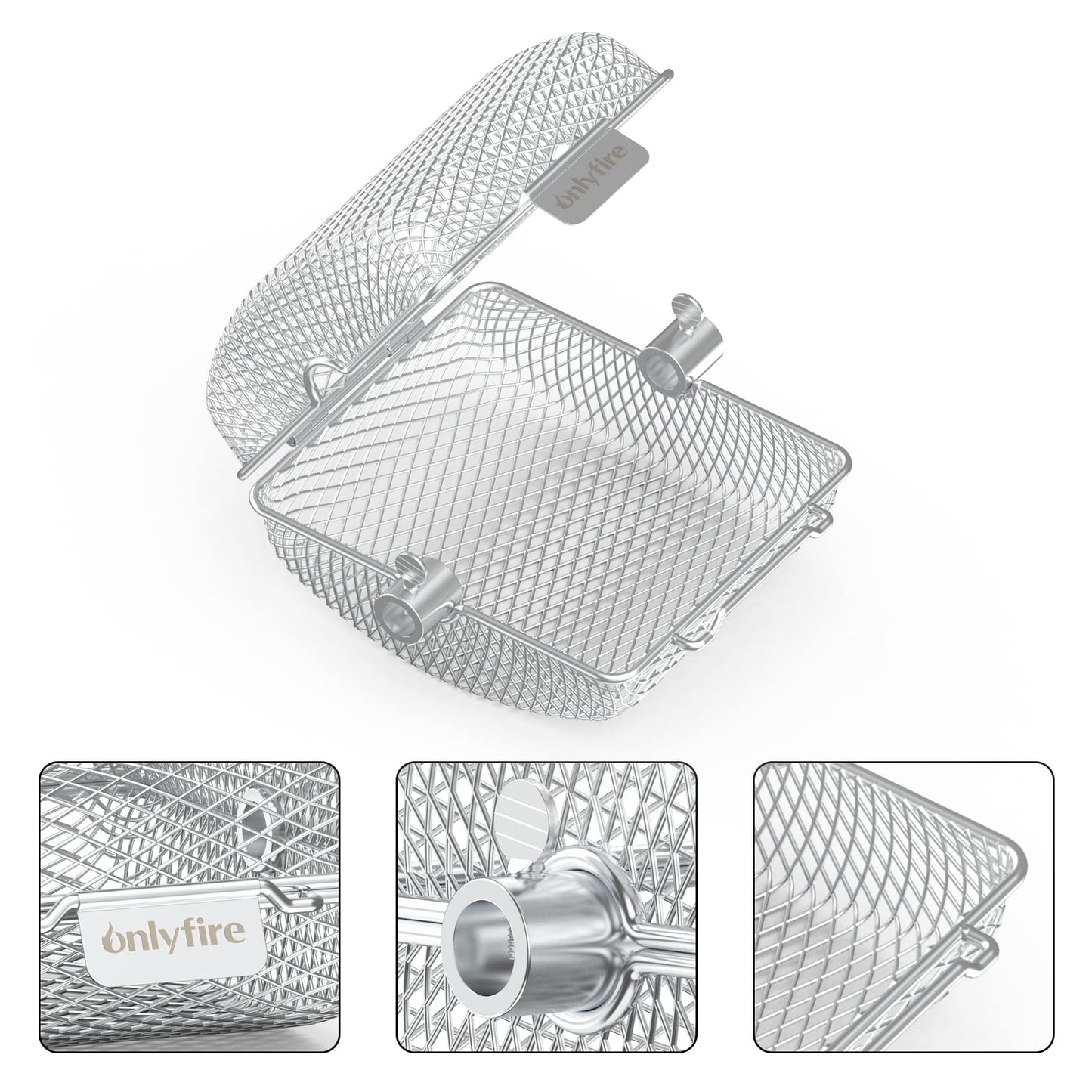 Onlyfire 3-Pack Rotisserie Grill Basket Cage, Barbecue Rotating Accessory Kit Fits 1/2?Hexagon, 3/8" Hexagon, 3/8" Square & 5/16" Square Rotisserie