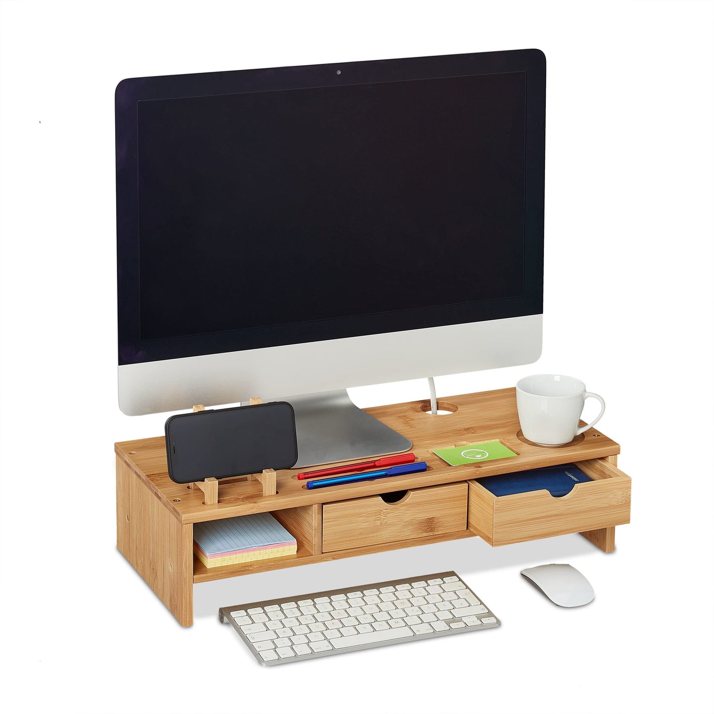 Relaxdays Bamboo Monitor Stand, Drawers, Slots for Smartphone & Utensils, Ergonomic Screen Holder, 13x54x23 cm, Natural