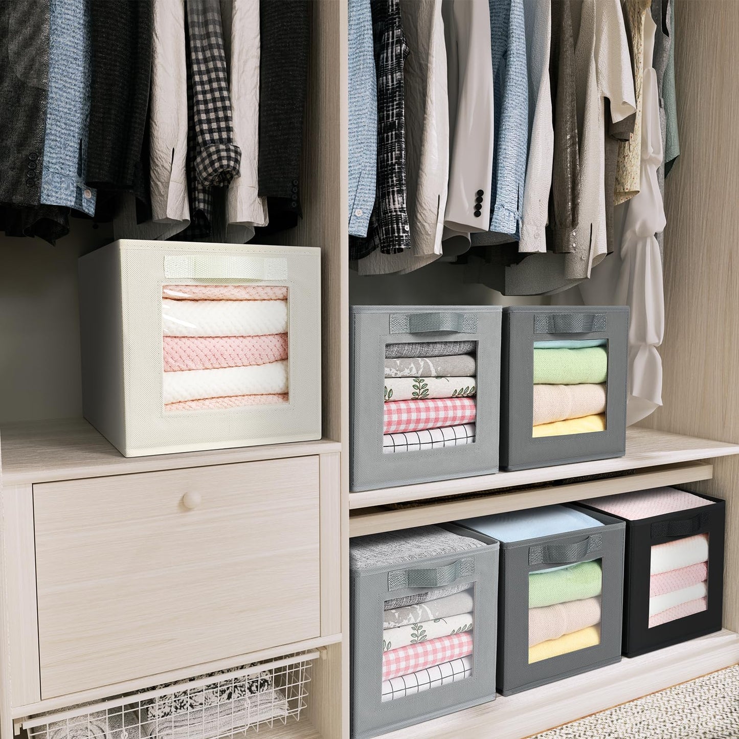 Foldable Wardrobe Storage Boxes, 3 Pack Fabric Shelf Clothes Organiser Grey