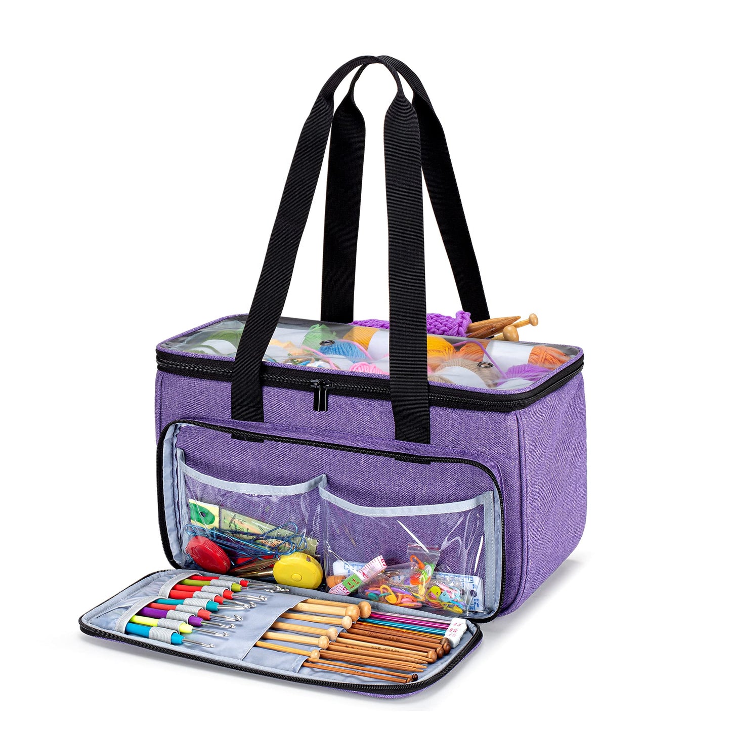 Yarwo Knitting Bag, Portable Yarn Bag with with Pocket for WIP Projects, Knitting Needles(Up to 14"/35.5cm) or Other Knitting Accessories, Purple(Bag