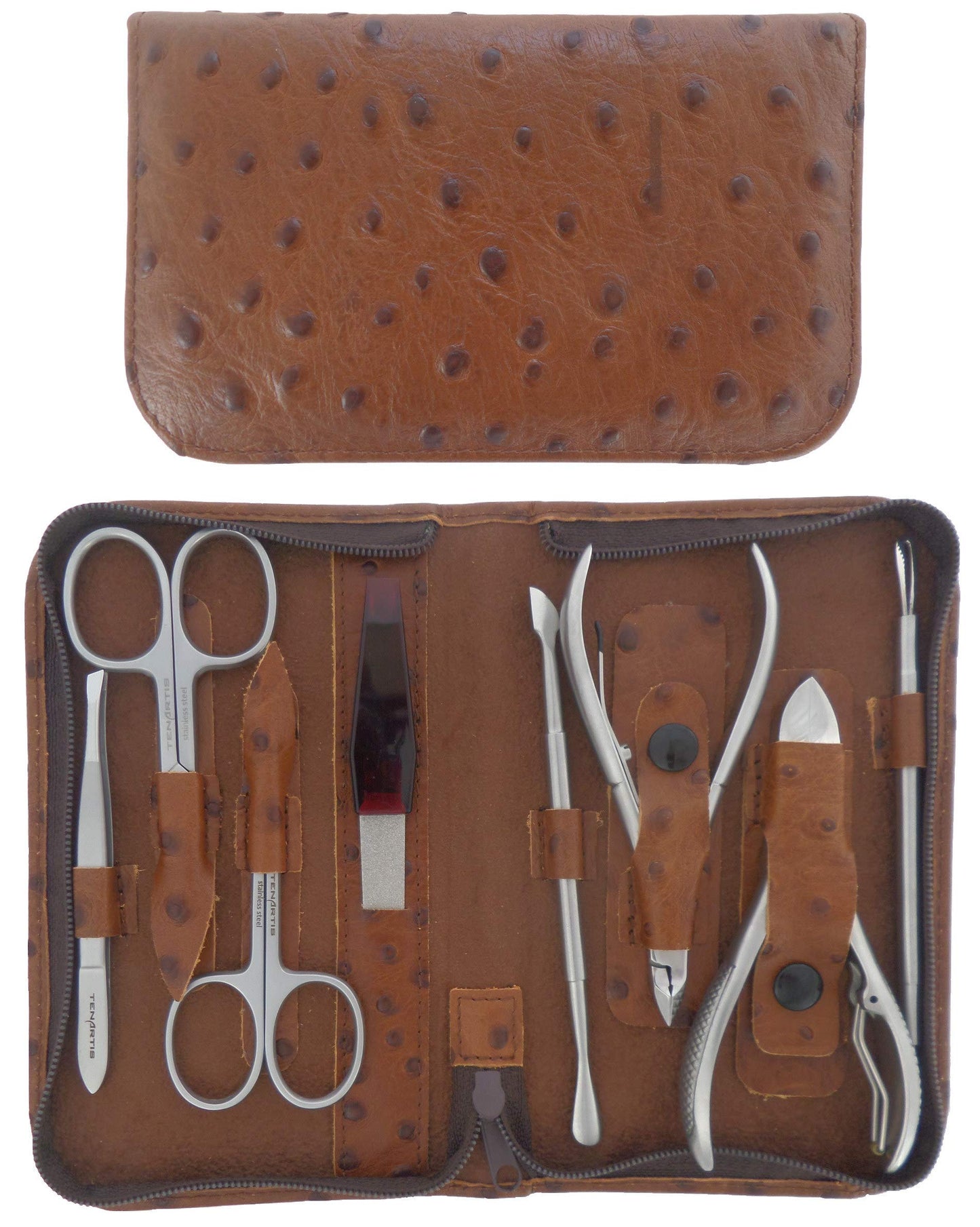 8-Piece Stainless Steel Genuine Leather Manicure and Pedicure Set with Zipper - Tenartis Made in Italy (Brown)