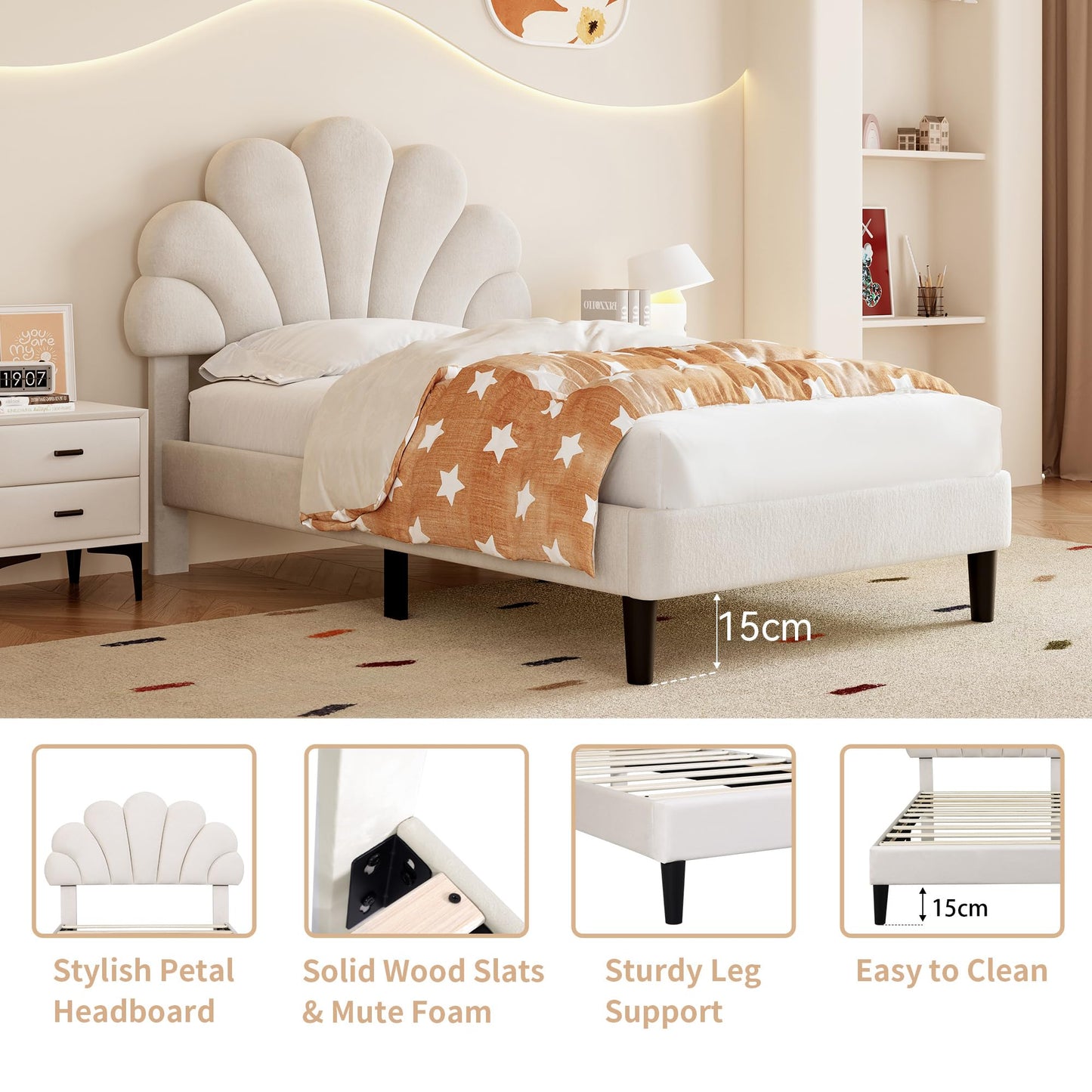 Ball & Cast Single bed frame, 3ft Single Upholstered Bed, Adjustable Chic Petal Headboard, Sturdy Wooden Slat Support, Velvet Fabric (No Mattress)