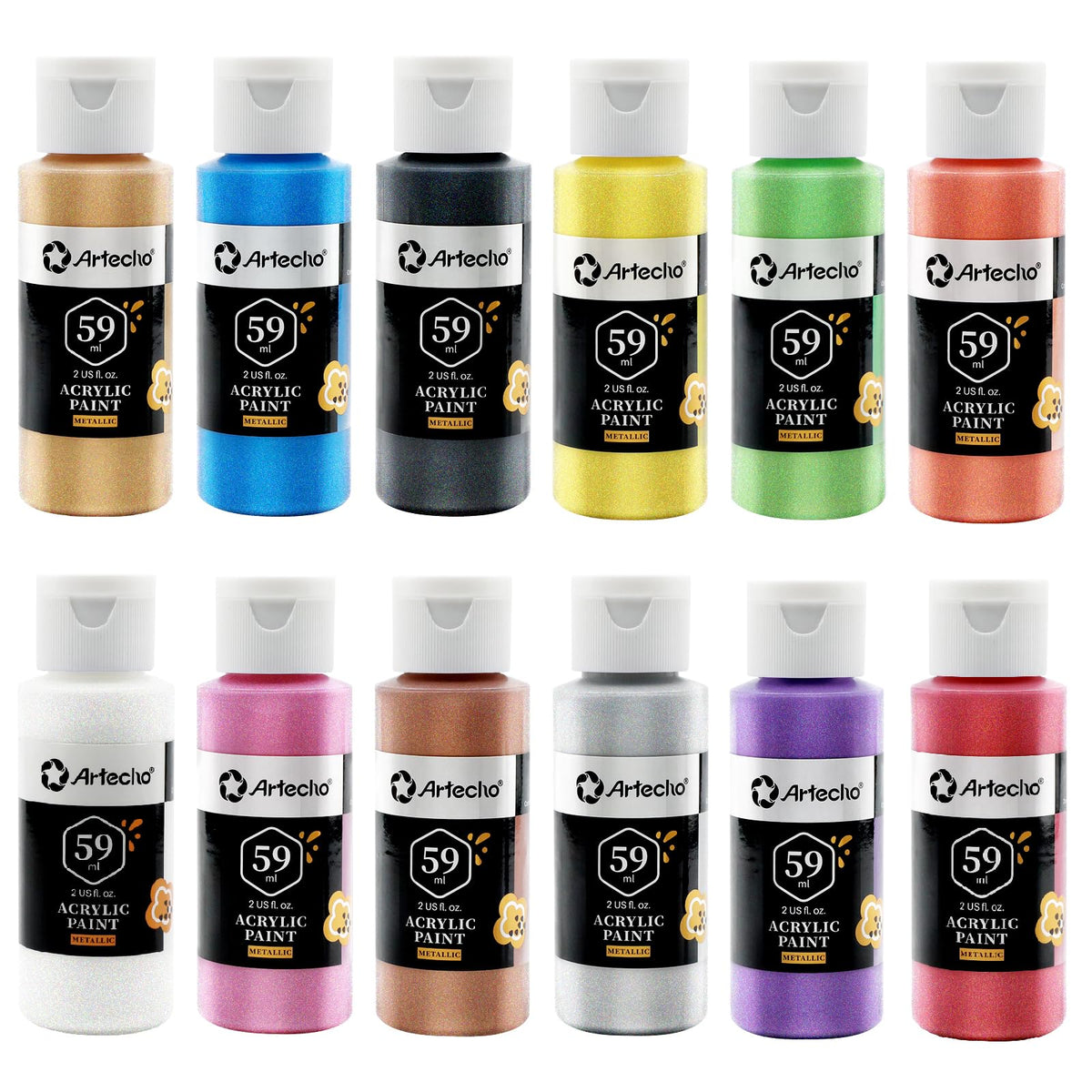 Artecho Metallic Acrylic Paint Set - 12 Colors, 2 Oz/59ml, For Wood, Fabric, Canvas, Leather & Stone
