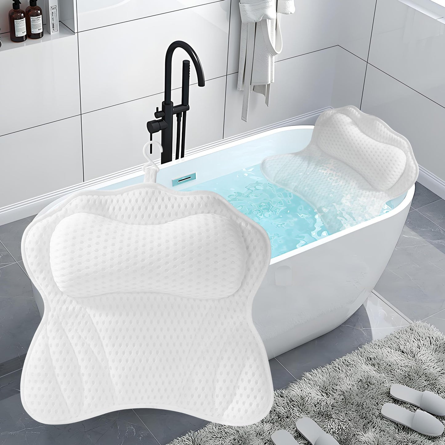 Bath Pillow Neck Neck Pillow for Bathtub with 6 Suction Cups 4D Air Mesh Technology Supports Head, Neck, Shoulders, Back, Fits All Bathtubs (White)