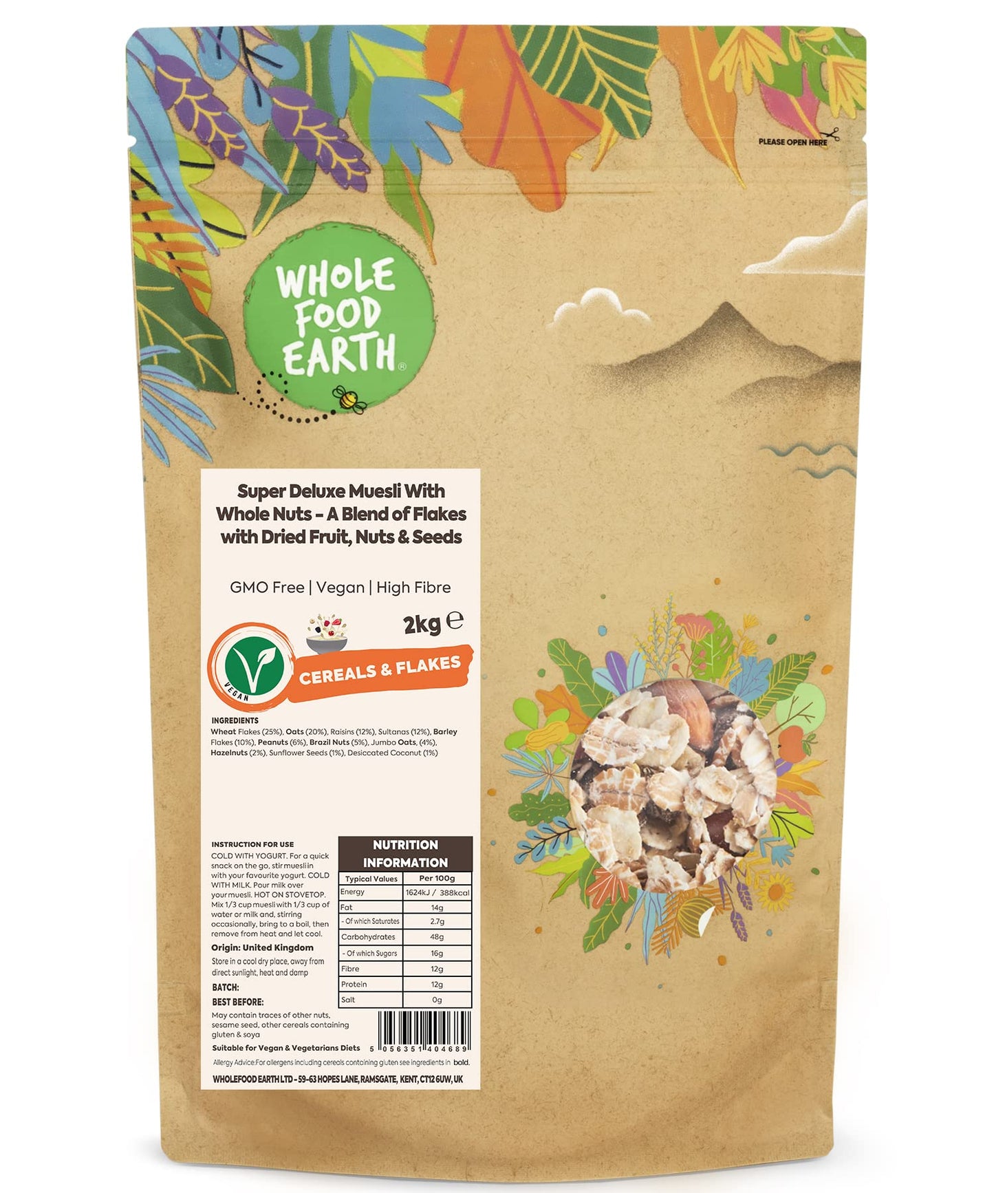 Wholefood Earth Super Deluxe Muesli With Whole Nuts - A Blend of Flakes with Dried Fruit, Nuts and Seeds 2 kg | GMO Free | High Fibre