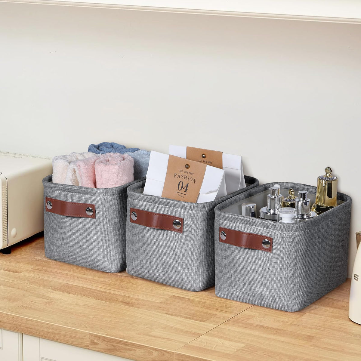 Syeeiex Small Storage Baskets for Shelves with Leather Handle, 4 Pack