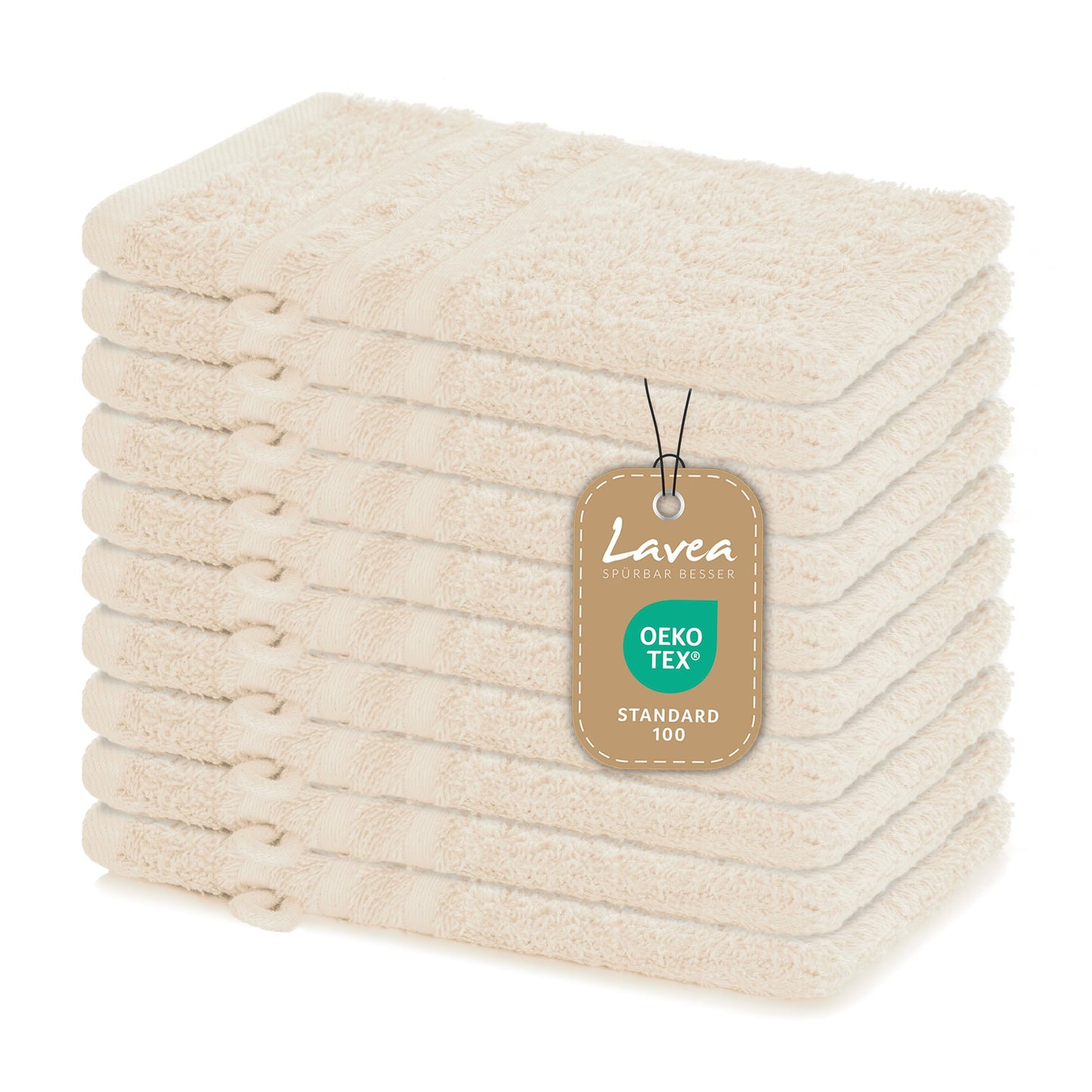 Lavea Set of 10 Elena Terry Cloth Wash Mitts 15 x 21 cm - Absorbent and Soft Wash Mitts Made of 100% Cotton - Washable and Durable - Cream
