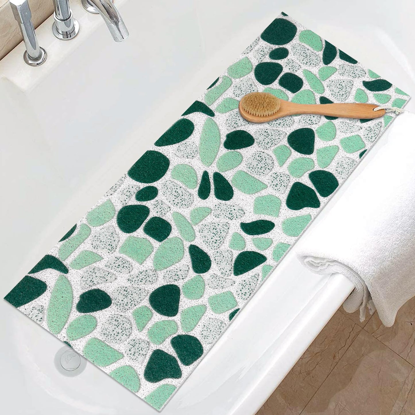 Long Shower Mat Non Slip: 40x100cm Green Bath Tub Mat Non Slip Anti Mould for Inside Shower - Soft Textured with Drain Holes - Loofah Bathroom Floor