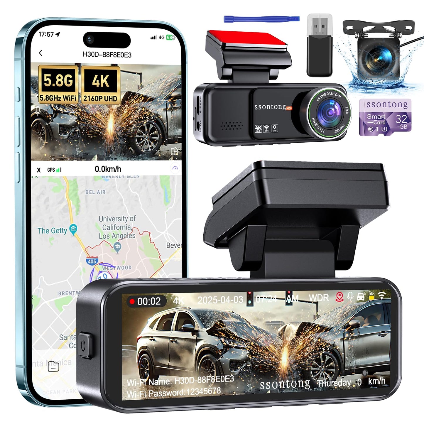 Dash Cam Front and Rear, 4K Dash Cam Built-in 5.8G WiFi GPS ADAS Dashcam,3.2" IPS Screen Dash Camera with Free 32GB Card,G-Sensor,Loop