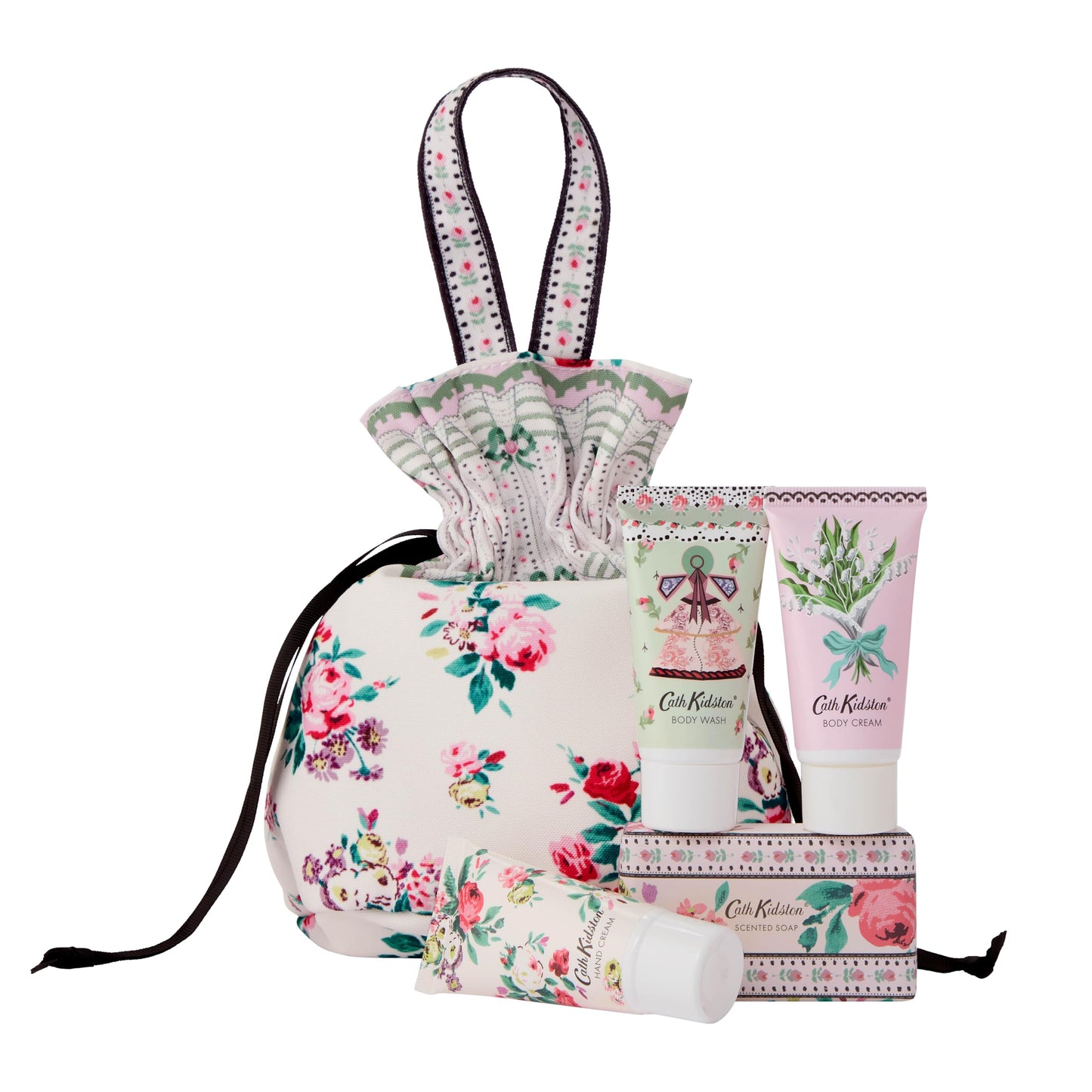 Cath Kidston Hand Cream, Body Cream and Wash 3x 30ml, Scented Soap 100g, Drawstring Bag For Travel Beauty Essentials, She Butter, Gift For Her,