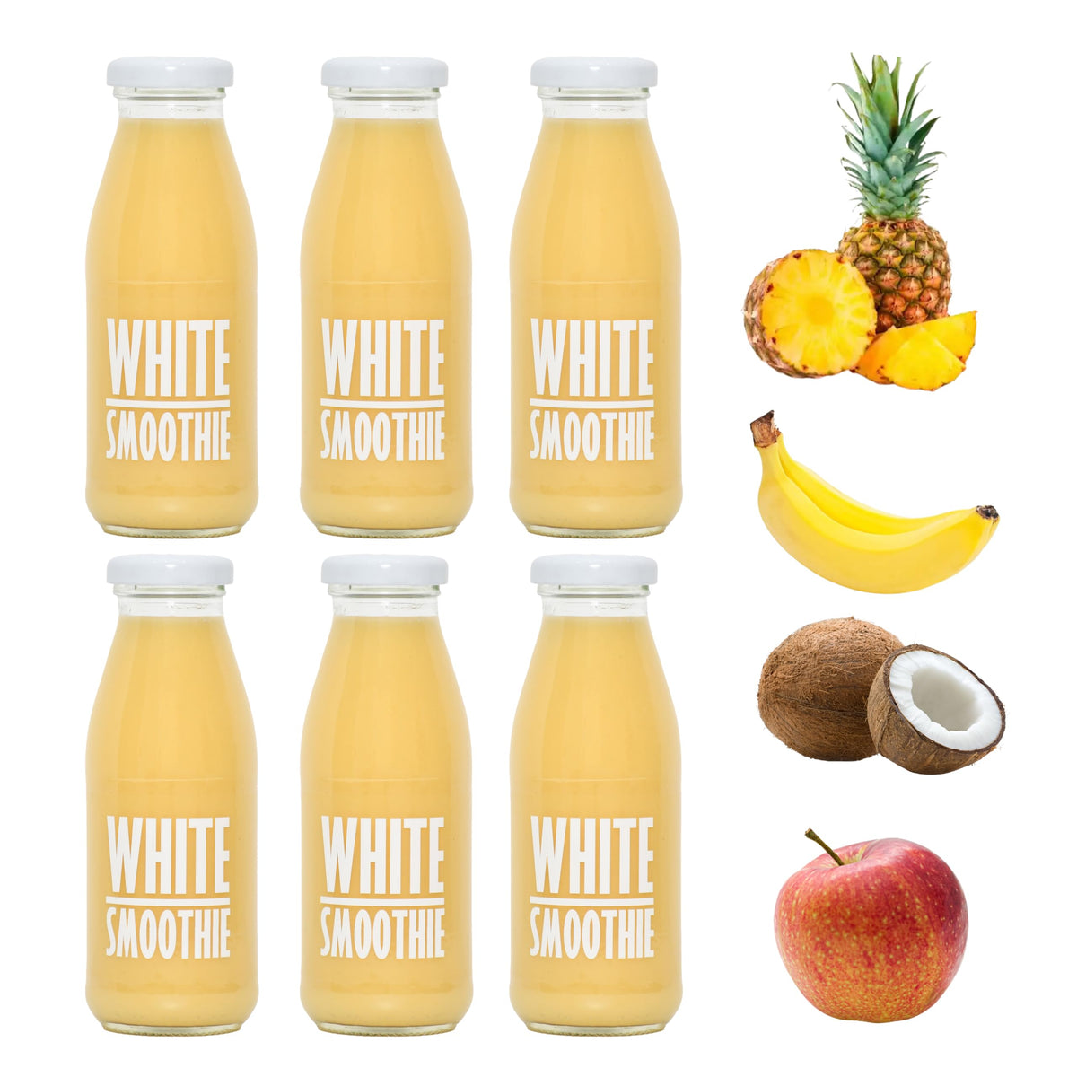 PRESSUICE White Smoothie 240 ml - 6 bottles pack - Fruit Smoothies Squash Apple Coconut Milk Pineapple Pineapple Banana - No added Sugar - Drink for