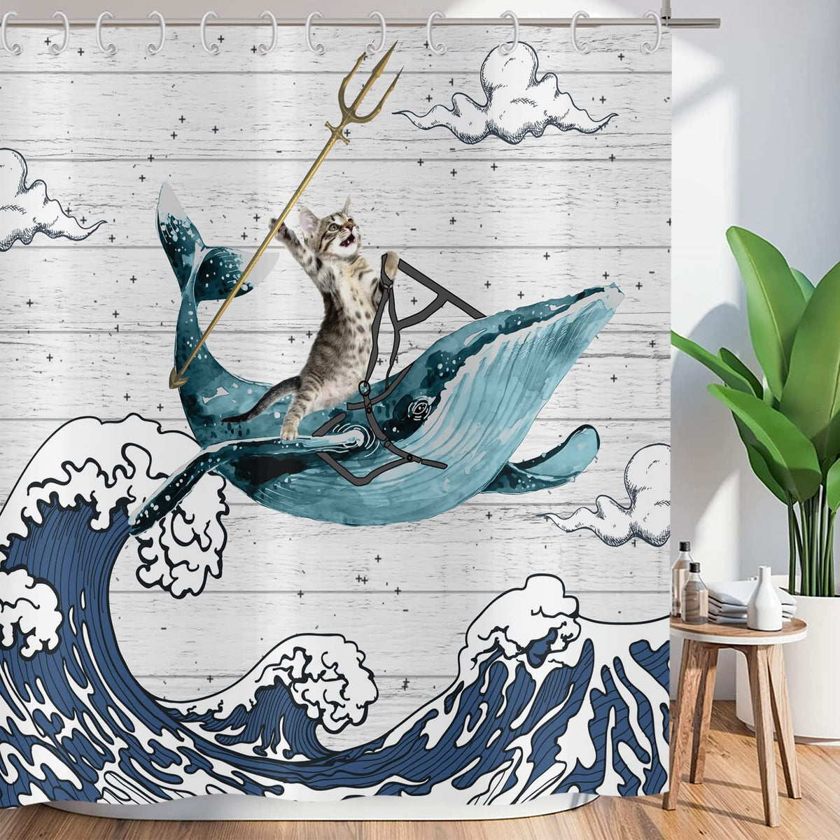ASDCXZ Shower Curtain Funny 180x180 cm, Cats Ride Whales Sea Wave Washable Funny Textile Bathroom Curtains Polyester Waterproof Shower Curtains for