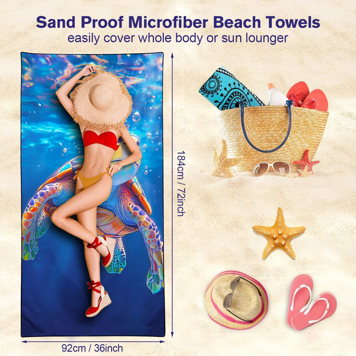 Violetpos Baby Sea Turtle Underwater Beach Towel, Extra Large 180x90 cm 250GSM Microfibre, Sand Free Quick Dry