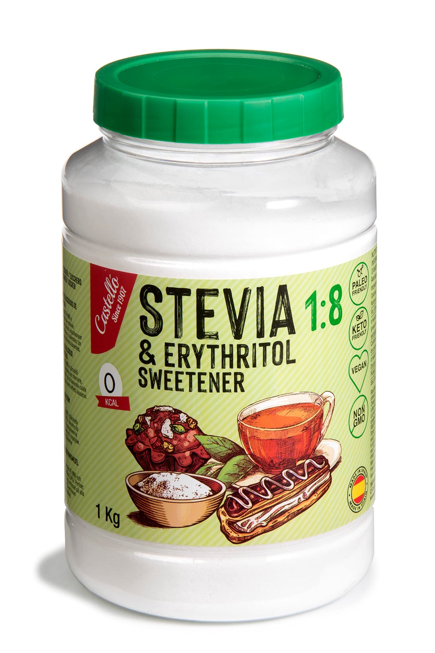 Castello since 1907 Stevia + Erythritol 1:8 Sweetener | 1g = 8g of sugar | 100% Natural taste Sugar Substitute - 0 Calories - 0 Glycemic Index - Keto