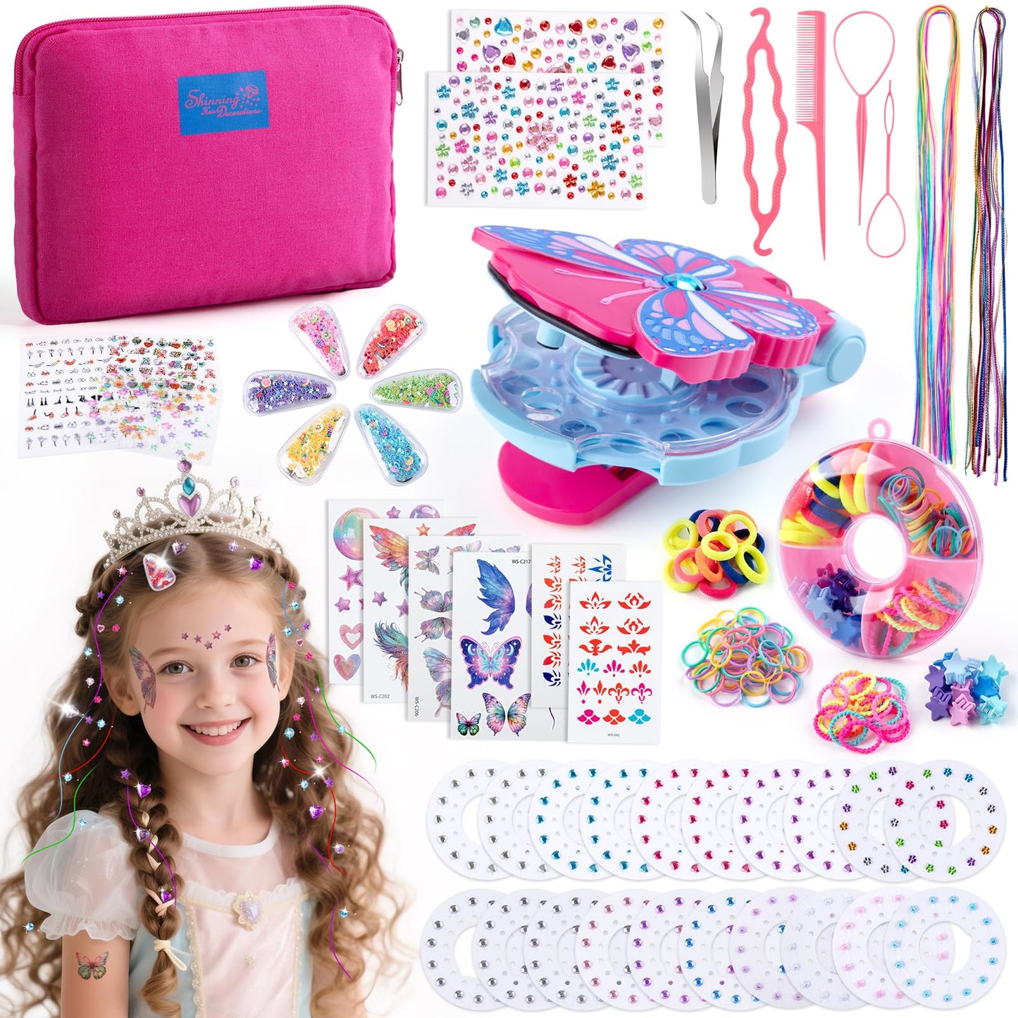 SEMKOTREE Hair Gems Bedazzler Kit, Gem Stamper with 480 Rhinestones and Tinsel, Glitter Diamonds Stapler Girls Hair Accessories 6 7 8 9 10 Year Old