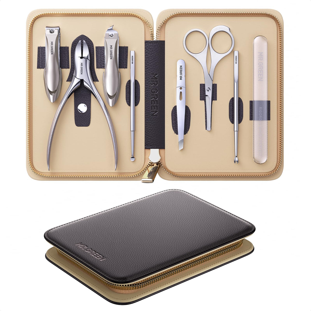 MR.GREEN 8-in-1 Manicure & Pedicure Set ? Professional German Stainless Steel Nail Clippers Grooming Kit with Splash-Proof Nail Clipper & Real Leather