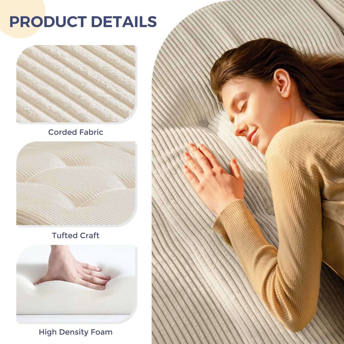 MAXYOYO Folding Mattress, Comfy Corduroy Foldable Mattress with 15cm Thicken Foam, Tri-Fold Floor Futon Sofa Bed for Guest,Off-white,Double