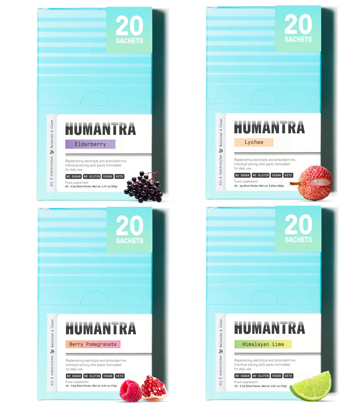 Humantra Electrolyte Packets | Zero Sugar | W/ 6 Electrolytes | Electrolytes Powder (80 Count, 4 Pack Bundle)