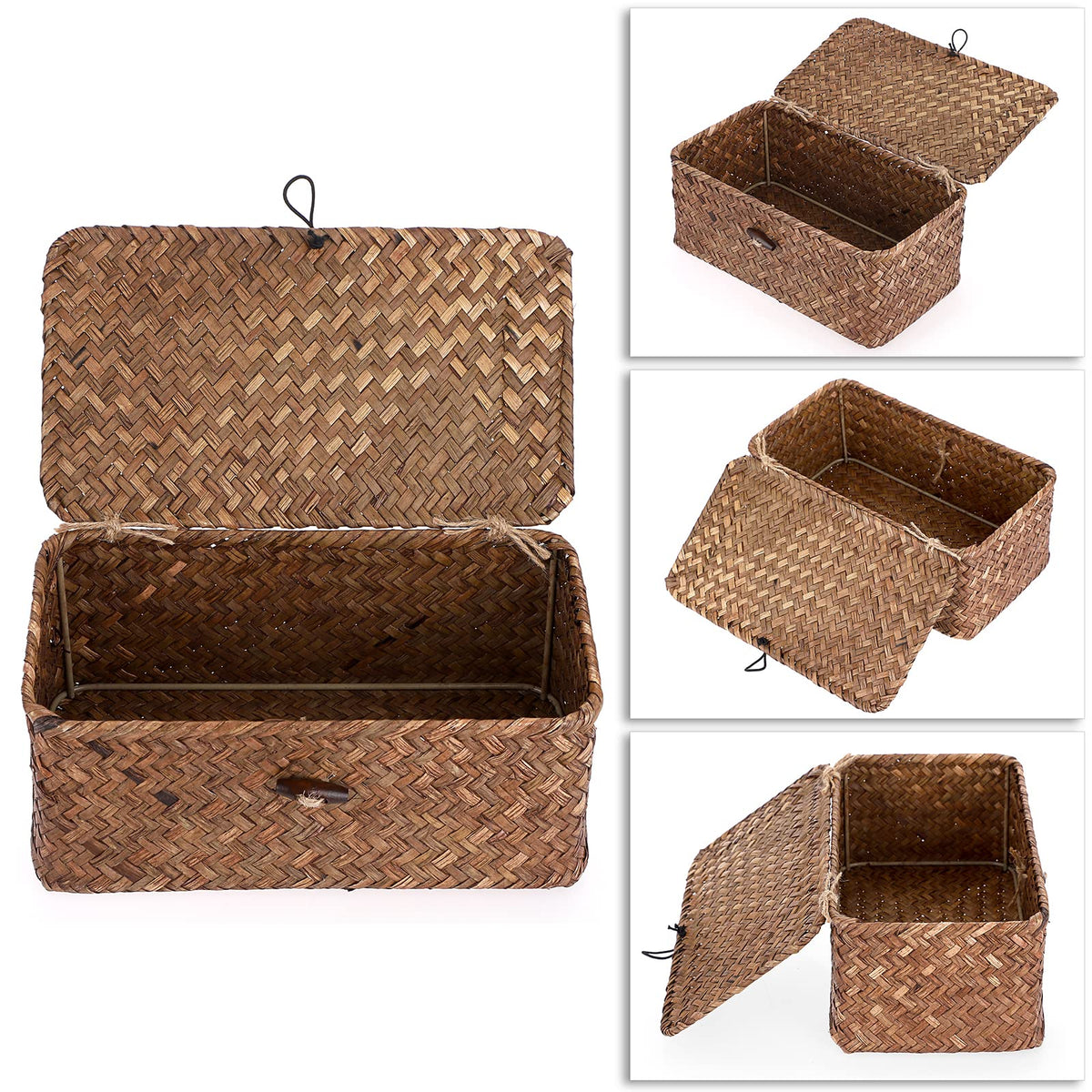 IGNPION Seagrass Storage Basket with Lid Woven Seagrass Desktop Basket Rectangular Bathroom Storage Organiser Box