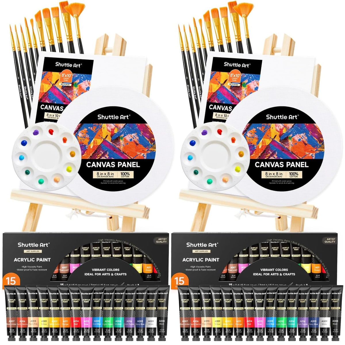 Shuttle Art 58 Pack Acrylic Paints Set, Painting Set with 2 Pack of 15 Colours Acrylic Paint, 2 Sets of Wooden Easels, Canvas, Brushes & Palettes,