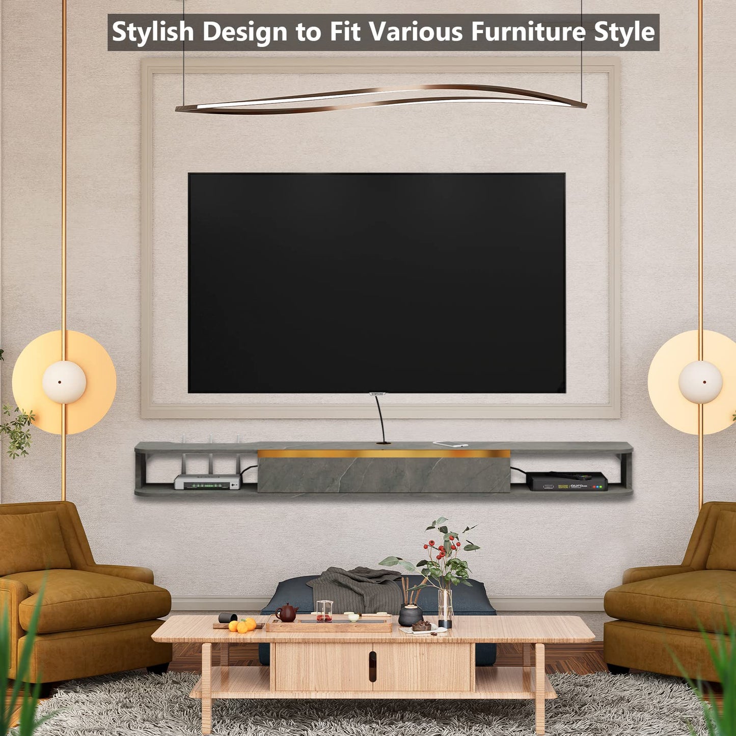 Pmnianhua Floating TV Stand, Wall Mounted Entertainment Center TV Media Console, Floating Shelves w/ Door