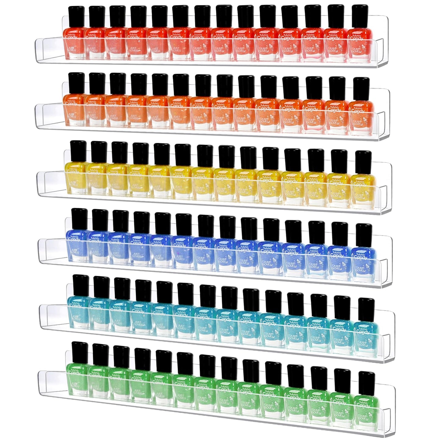 AumVum Acrylic Wall Mounted Nail Polish Organiser Rack, 6 Tiers Clear Shelves with Removable Anti-Slip Inserts, Paint Rack Essential Oil Perfume