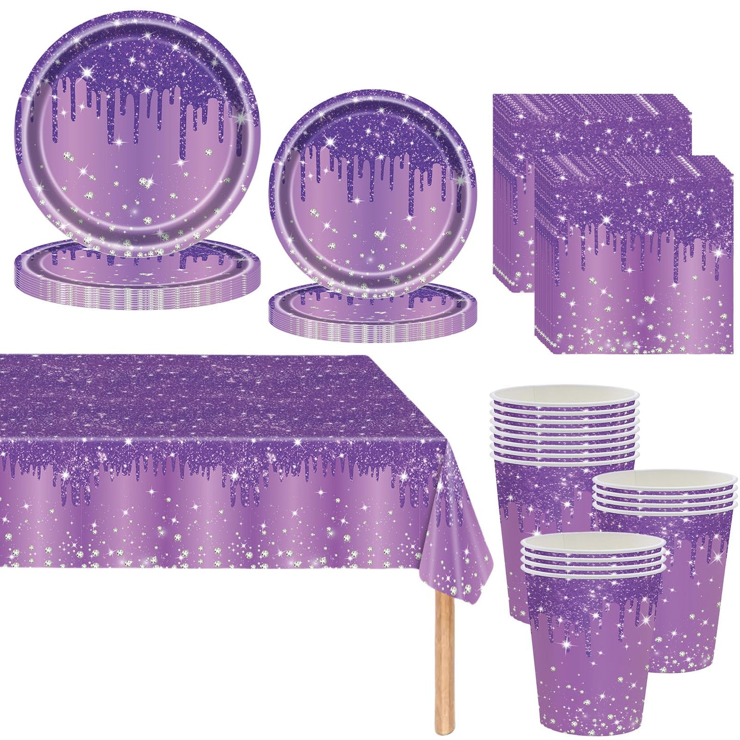 Purple Shiny Glitter Diamond Party Tableware for Adults/Kids,81pcs Purple Birthday Dinnerware Paper Plates Cups Napkins and Tablecloth Set for Her