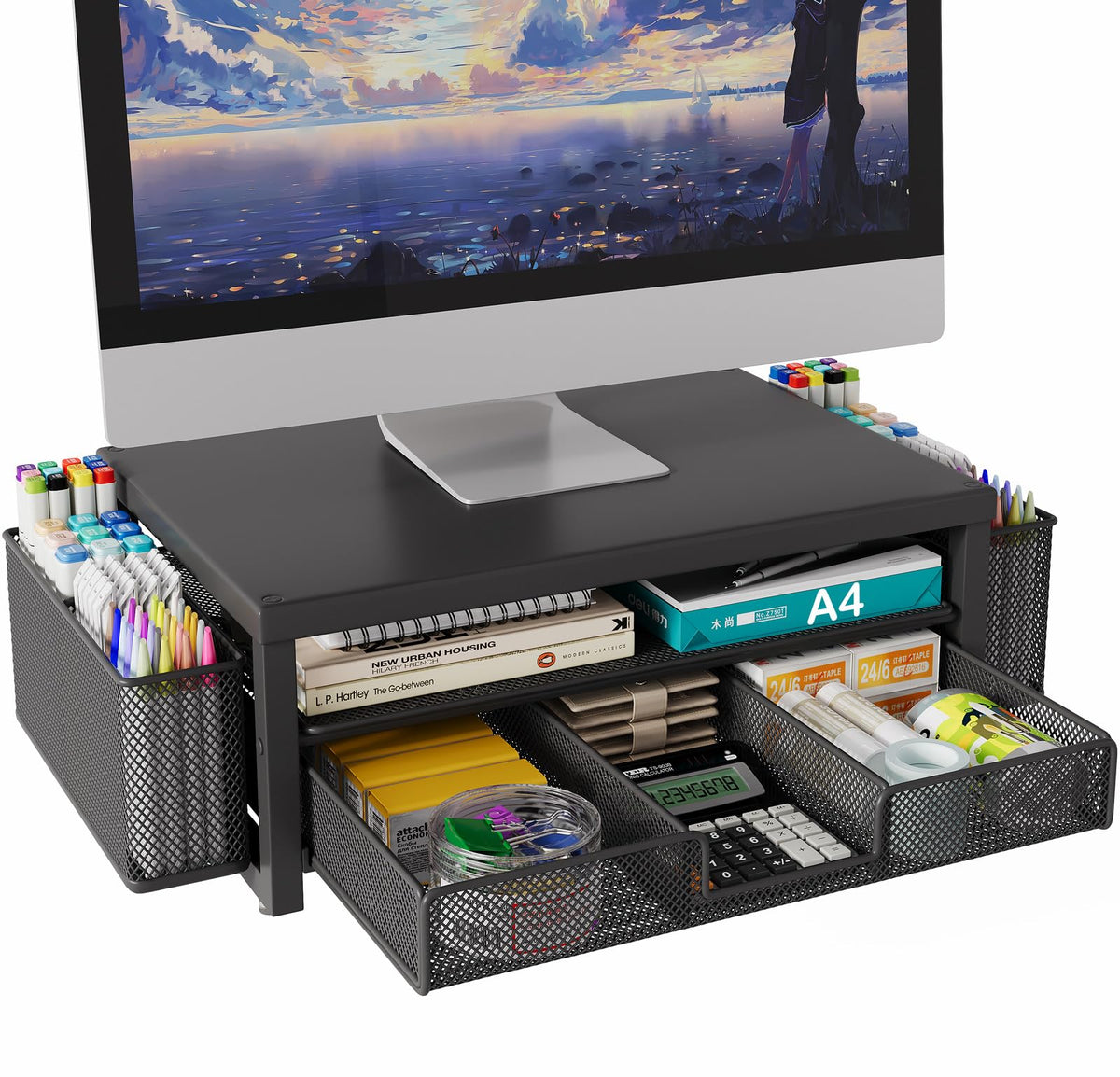 BOKIOVIN Metal Monitor Stand Riser with Drawer & 2 Pen Holders for Desk, Office Desk Accessories Organiser & Computer Screen Stand for Printer (Black)