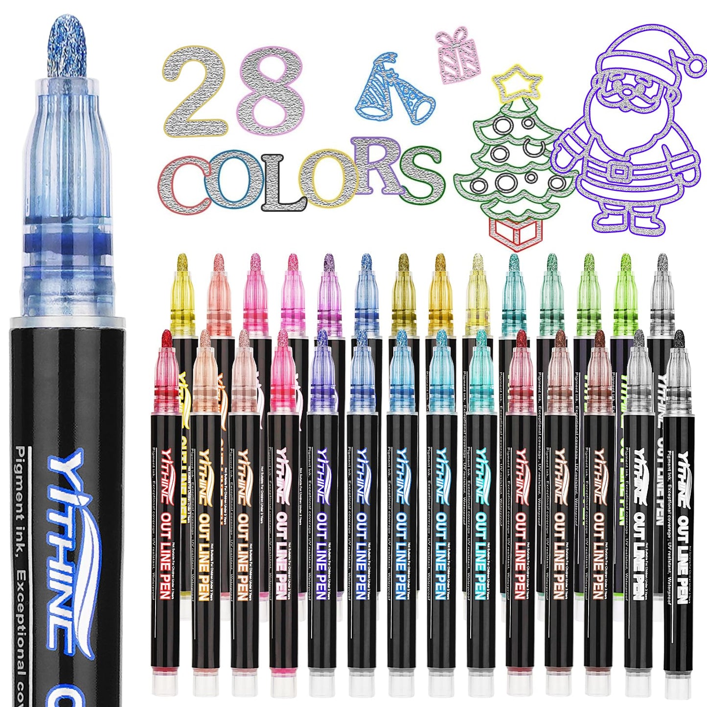 YITHINC Glitter Pens Outline Marker Pen, Stocking Fillers Kids, Arts and Crafts for Kids, Teenage Girls Gift, 28 Sparkle Metallic Colouring Pens,