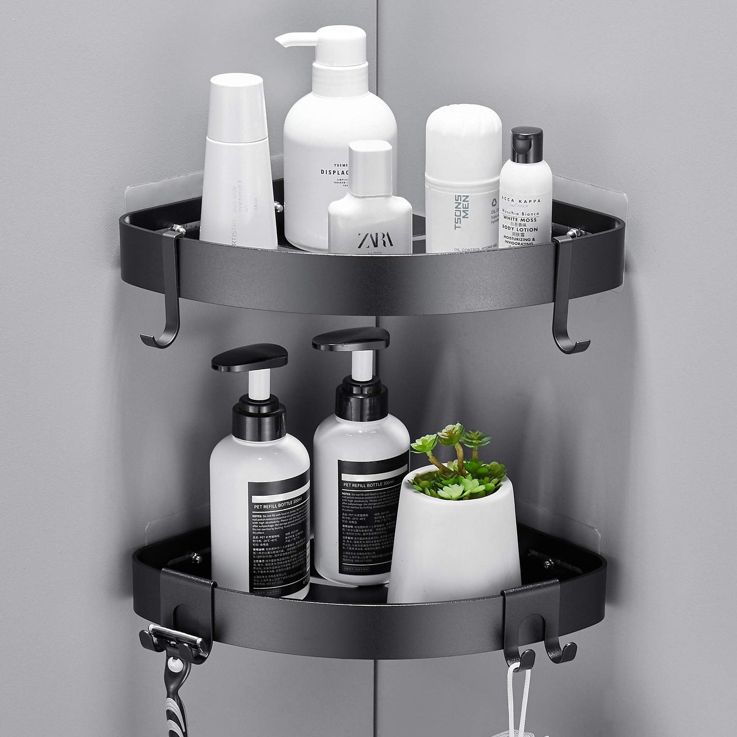 GERUIKE Bathroom Corner Shelves No Drilling Adhesive Shower Shelf Matt Black Shower Caddy Basket Wall Mounted Shower Storage for Kitchen & Bathroom