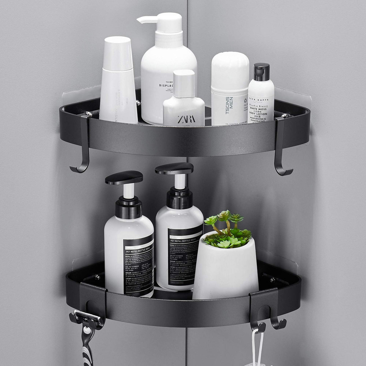 GERUIKE Bathroom Corner Shelves No Drilling Adhesive Shower Shelf Matt Black Shower Caddy Basket Wall Mounted Shower Storage for Kitchen & Bathroom