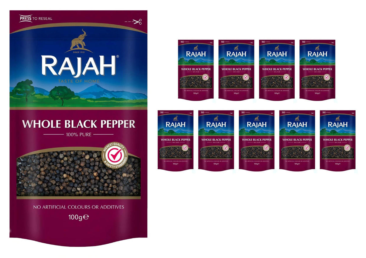 Rajah Spices Whole Black Pepper | Pepper | Whole Pepper | Black Pepper | Piper Nigrum | (100g (Pack of 10))