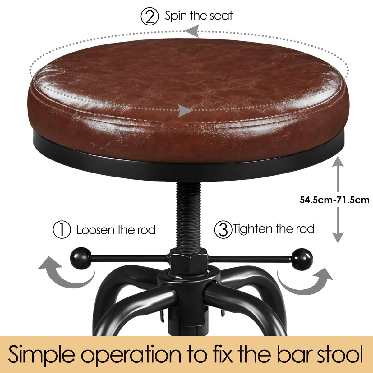 Yaheetech Rustic Round Adjustable Industrial Bar Stools, 1PCS Brown