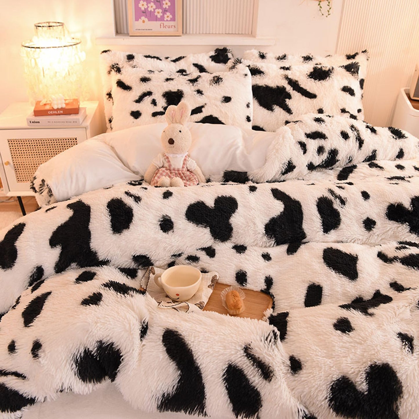 ZIQINPSQ Plush Shaggy Duvet Cover Set,Tie Dye Faux Fur Bedding Set for Teens Girls Soft Velvet Fluffy Fuzzy Comforter Cover Bed Set (Cow, King)