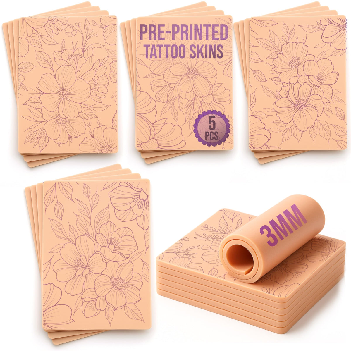 Stencil Skins Pre Printed Fake Skin Tattoo Set 5 Botanical Designs, 3mm Silicone Fake Skin Pad, Practice Shading, Line Work & Color for Tattoo Artists