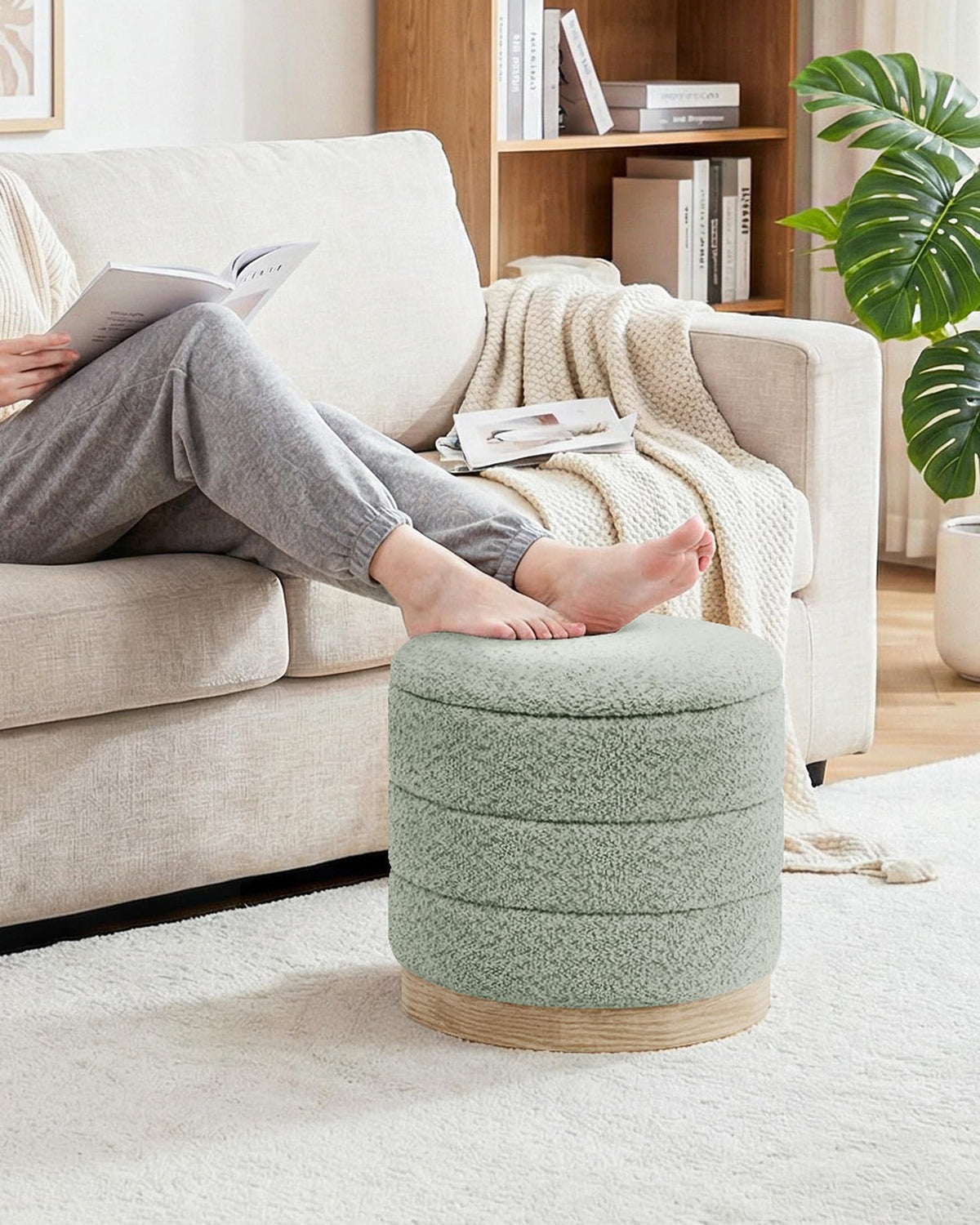 Bonlife Round Chenille Storage Ottoman, Folding Footstool with Table Top, 39X39X37cm, Load Capacity 120kg